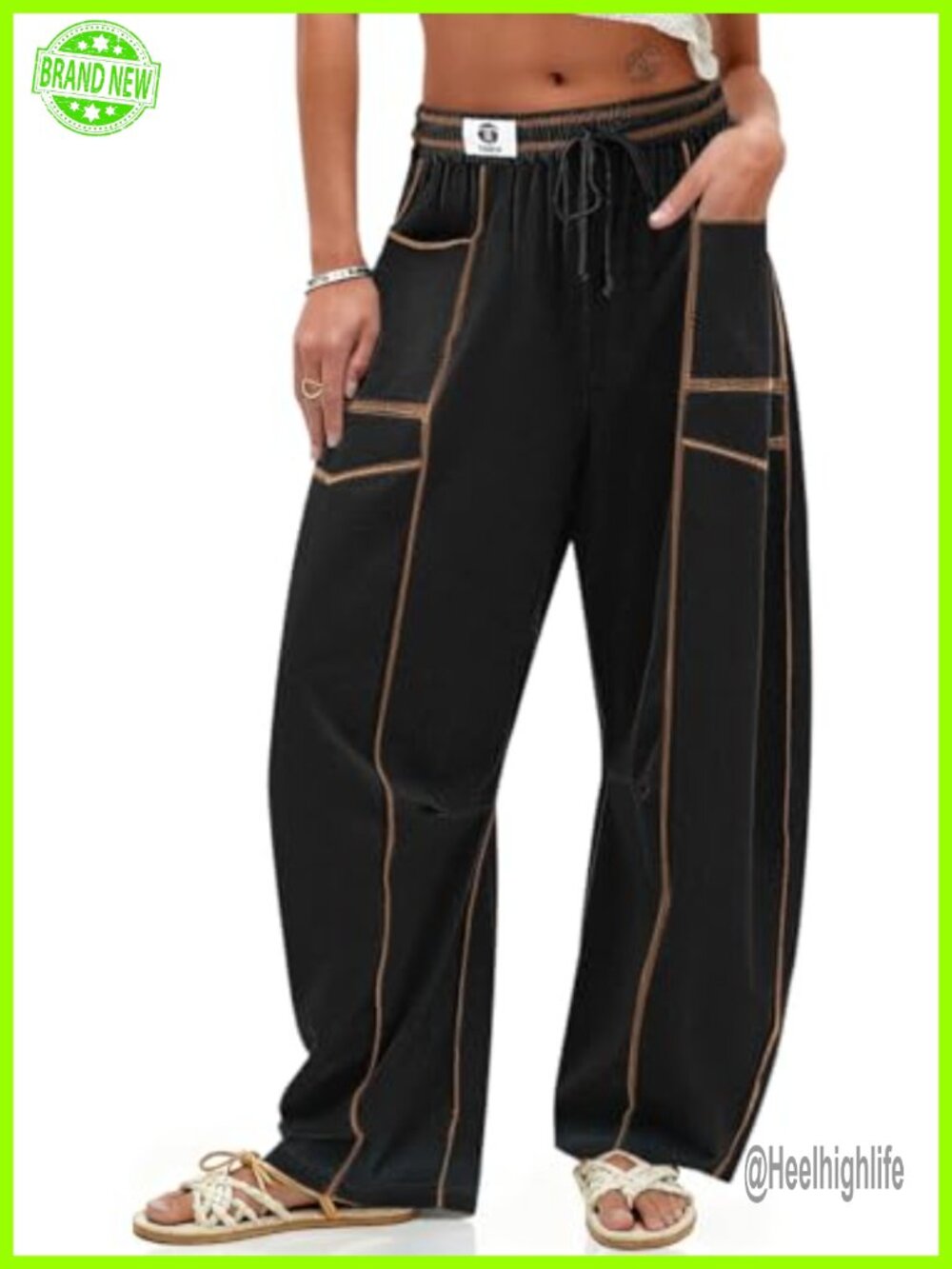 Women's Linen Barrel Pants - High Waisted Harem Wide Leg Baggy Drawstring Pants